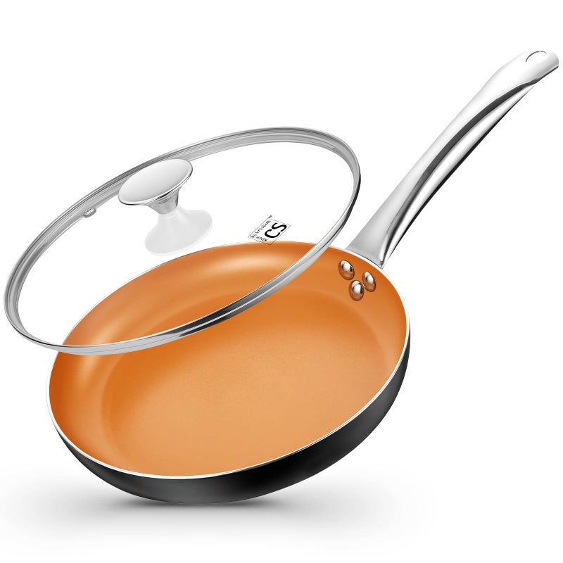 KOCH SYSTEME CS 10in Copper Nonstick Frying Pans with Lids and Titanium Ceramic Interior,100% PFOA-Free Saute Pan/Skillet for All Stove Tops,Stainless Handle,Omelet Pan Cookware - Image 1